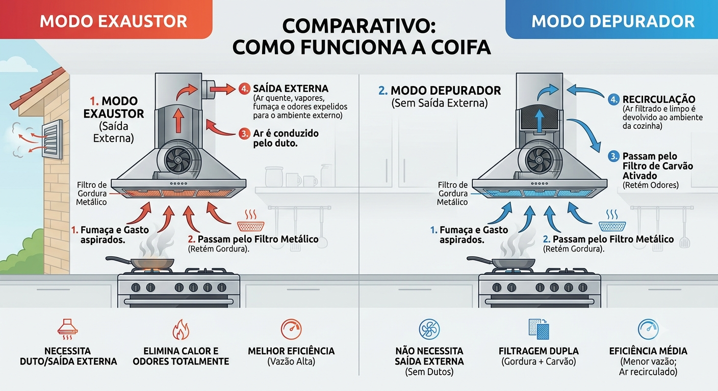 Infográfico comparando o funcionamento da coifa no modo exaustor e no modo depurador..png