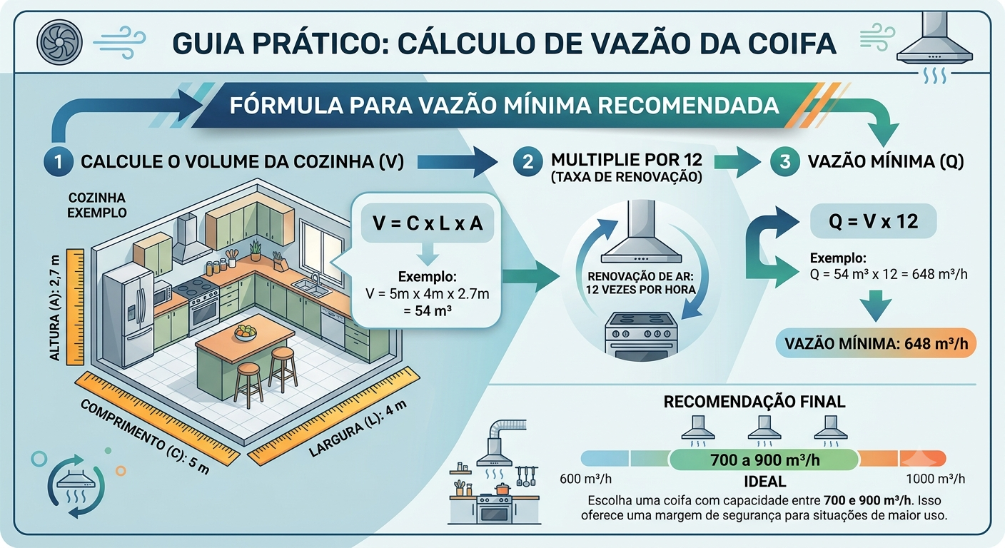 Infográfico ilustrando a fórmula para cálculo da vazão da coifa com um exemplo de cozinha..png